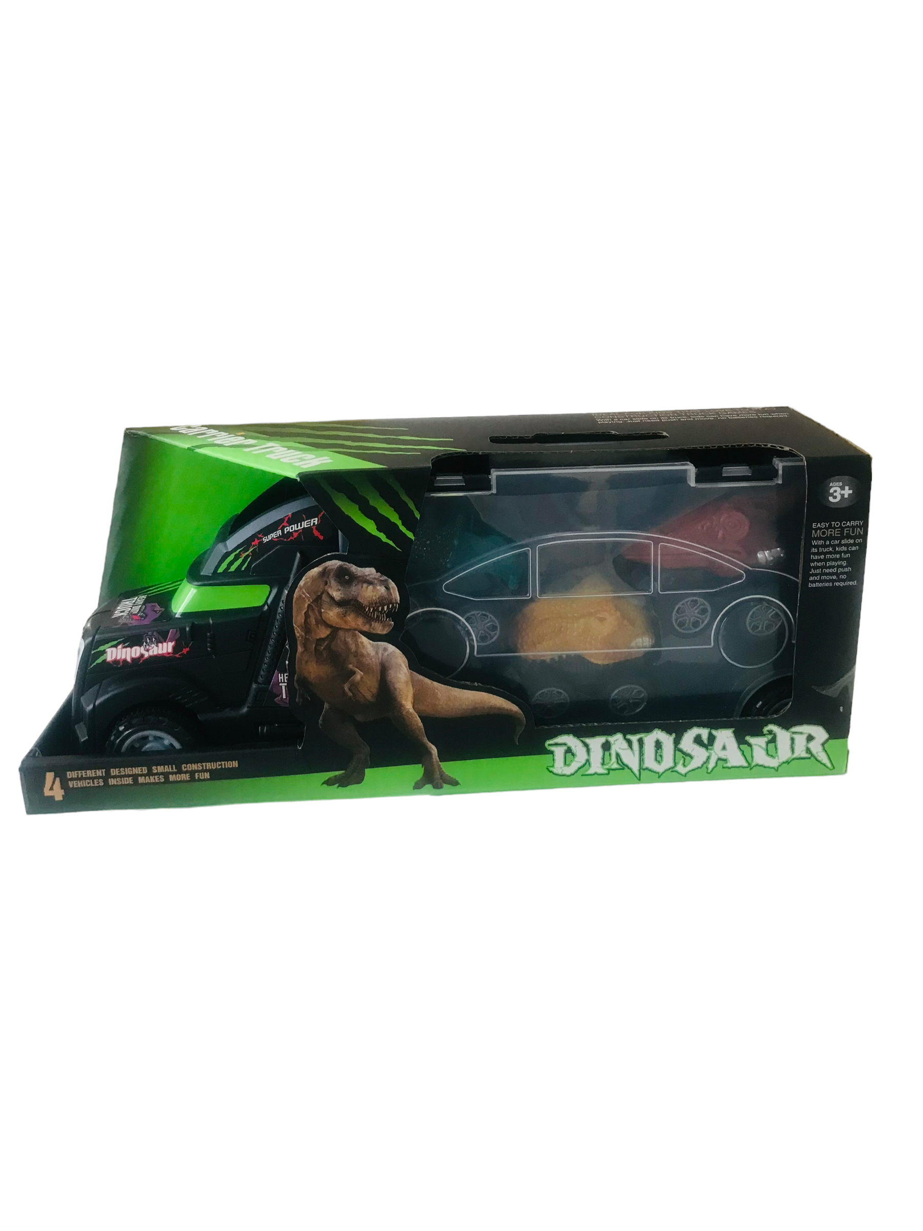 Camión acoplado con 3 autos dinos a fricción en caja